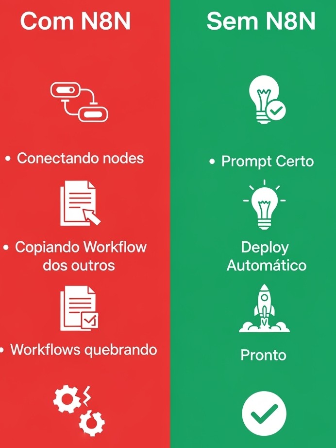 Comparação Com N8N vs Sem N8N: limitações como conectar nodes, copiar workflows e workflows quebrando versus vantagens como prompt certo, deploy automático e estar pronto